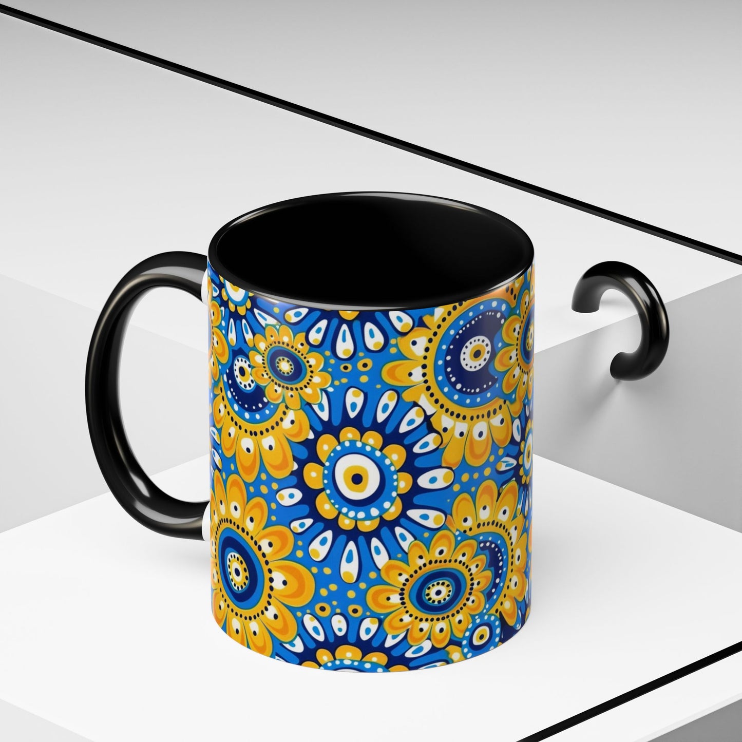 Bold Blue and Gold Flora,l Mug  Retro Boho Flower Coffee Cup, Vibrant Mandala-Inspired Pattern