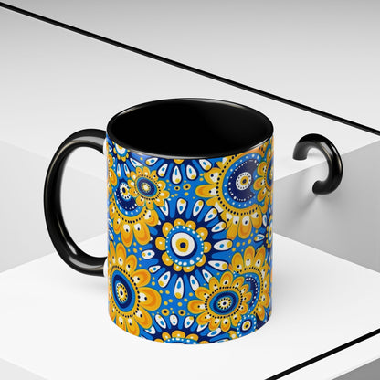 Bold Blue and Gold Flora,l Mug  Retro Boho Flower Coffee Cup, Vibrant Mandala-Inspired Pattern