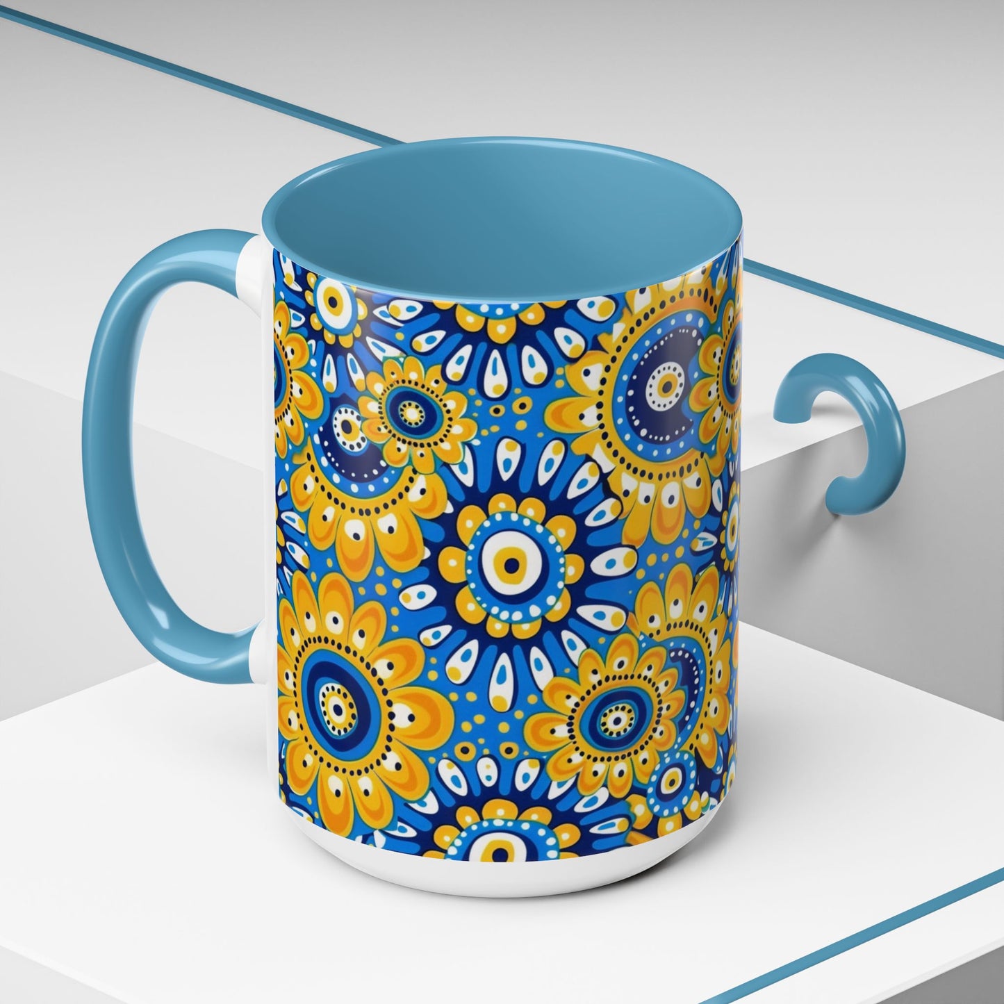 Bold Blue and Gold Flora,l Mug  Retro Boho Flower Coffee Cup, Vibrant Mandala-Inspired Pattern