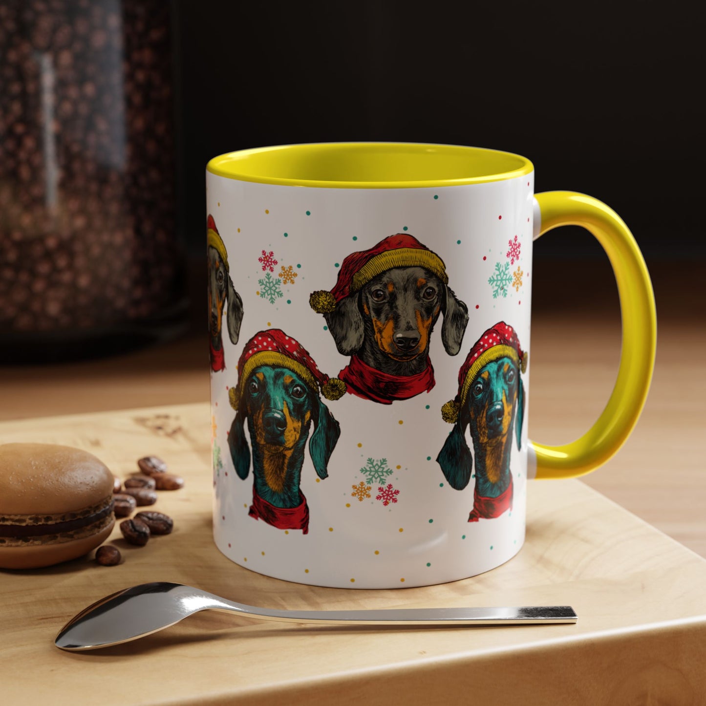 Dachshund Christmas Mug - Holiday Wiener Dog Cup - Cute Doxie Dog Lover Gift - Santa Hat Dachshund Coffee Mug - Colorful Dog Art Mug