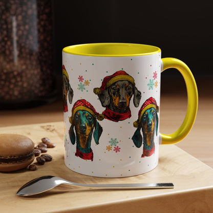 Dachshund Christmas Mug - Holiday Wiener Dog Cup - Cute Doxie Dog Lover Gift - Santa Hat Dachshund Coffee Mug - Colorful Dog Art Mug