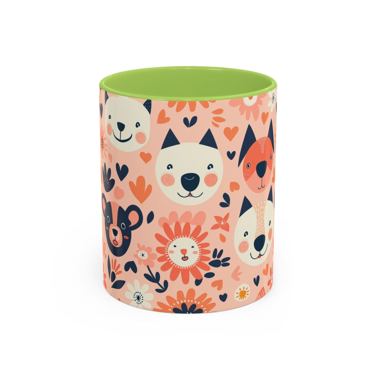 Whimsical Woodland Animals Mug, Cute Fox & Bear Coffee Cup, Peach and Navy Forest Friends Gift