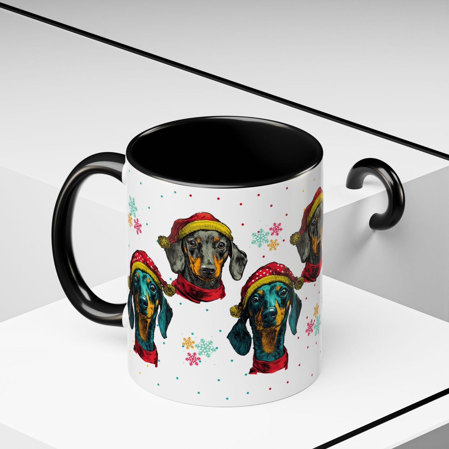 Dachshund Christmas Mug - Holiday Wiener Dog Cup - Cute Doxie Dog Lover Gift - Santa Hat Dachshund Coffee Mug - Colorful Dog Art Mug