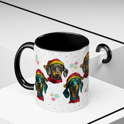Dachshund Christmas Mug - Holiday Wiener Dog Cup - Cute Doxie Dog Lover Gift - Santa Hat Dachshund Coffee Mug - Colorful Dog Art Mug
