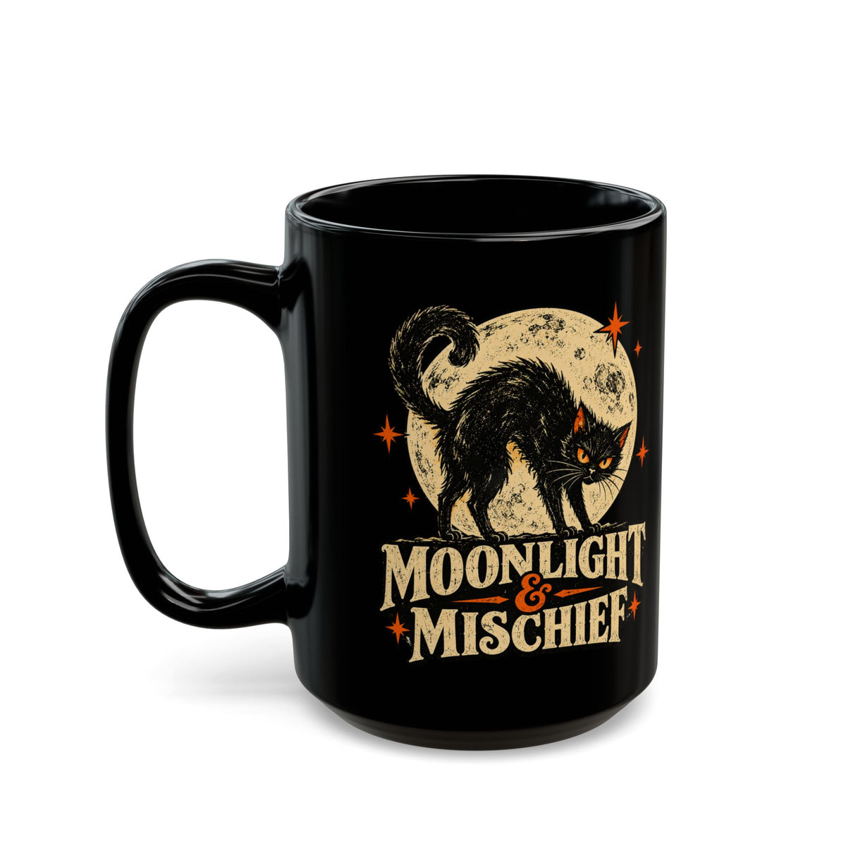 Moonlight & Mischief Black Cat Mug, Vintage Halloween Coffee Mug, Spooky Cat Gift, Retro Halloween Mug