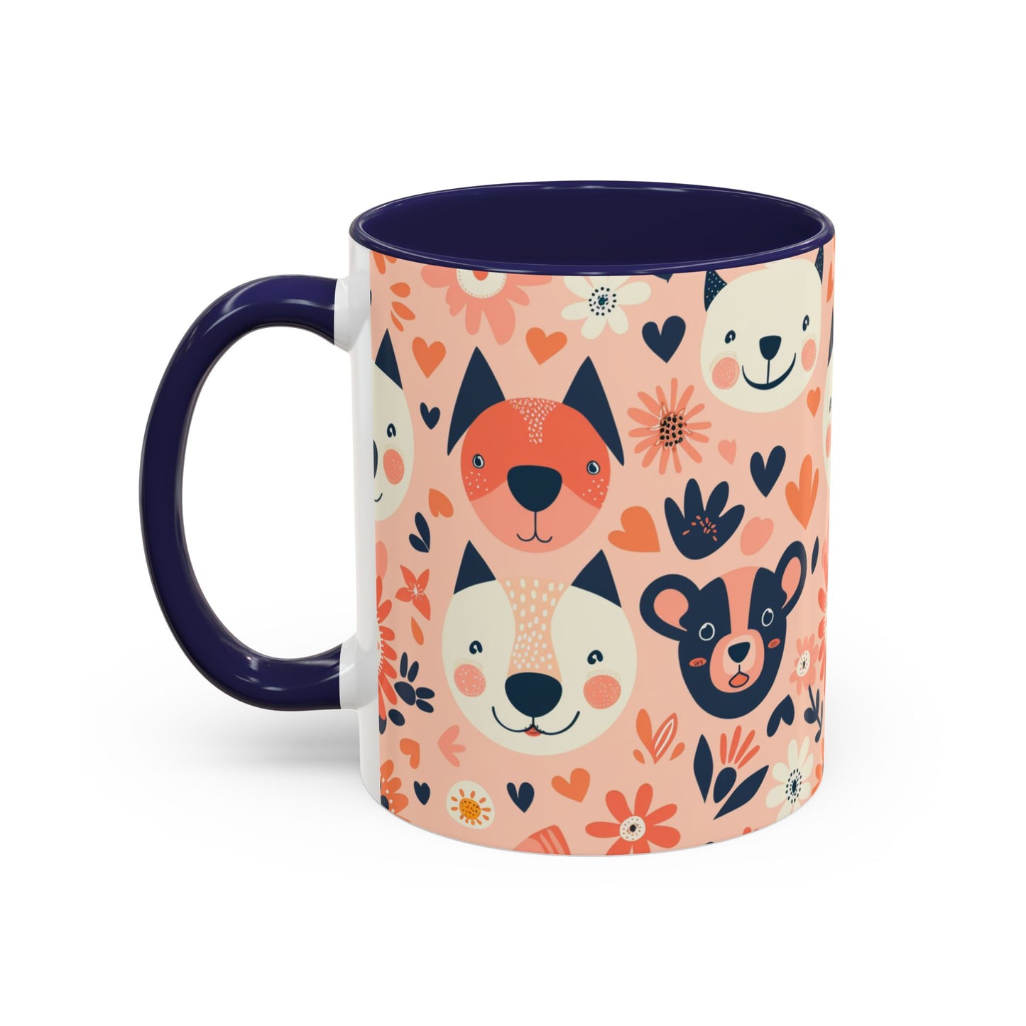 Whimsical Woodland Animals Mug, Cute Fox & Bear Coffee Cup, Peach and Navy Forest Friends Gift