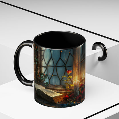 Candlelight Study Mug, Gothic Book and Roses Coffee Cup, Cozy Dark Academia Library Gift, Anniversary, Soft Atmosphere