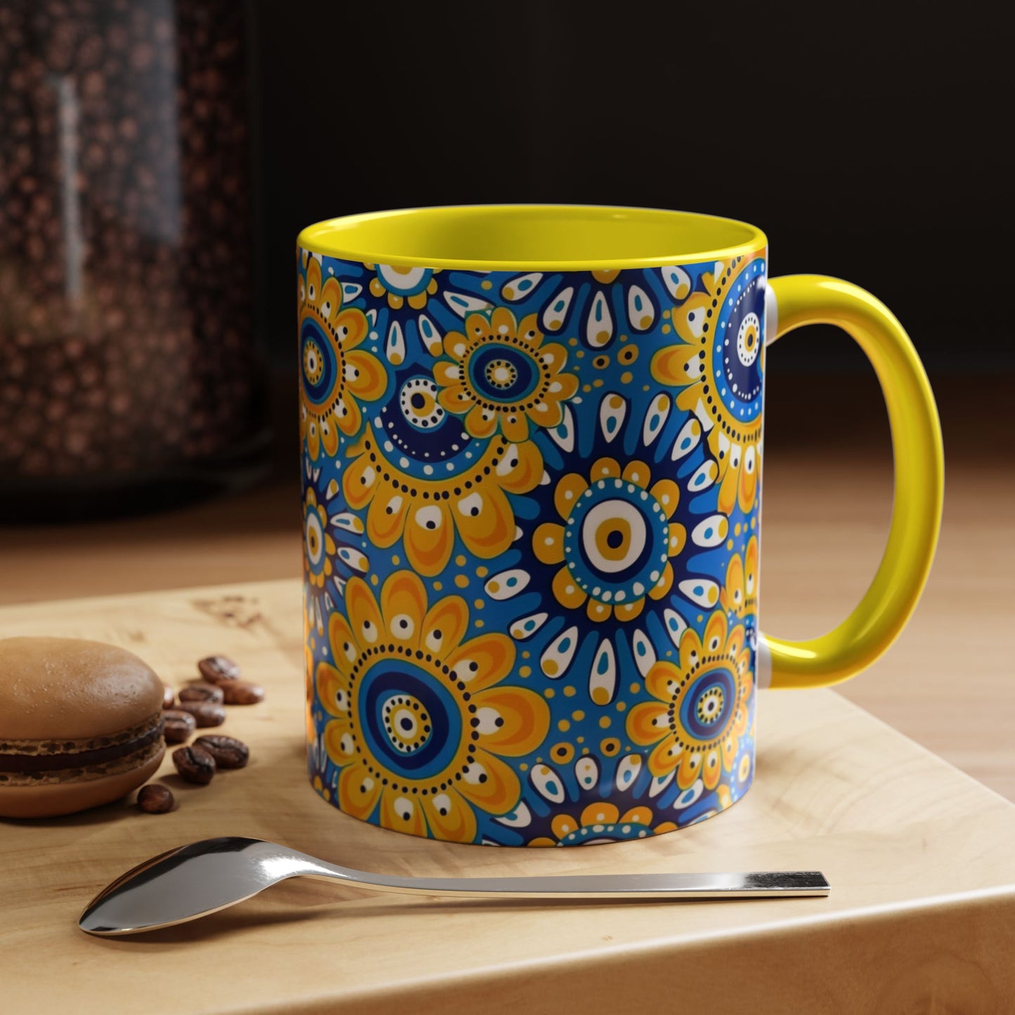 Bold Blue and Gold Flora,l Mug  Retro Boho Flower Coffee Cup, Vibrant Mandala-Inspired Pattern