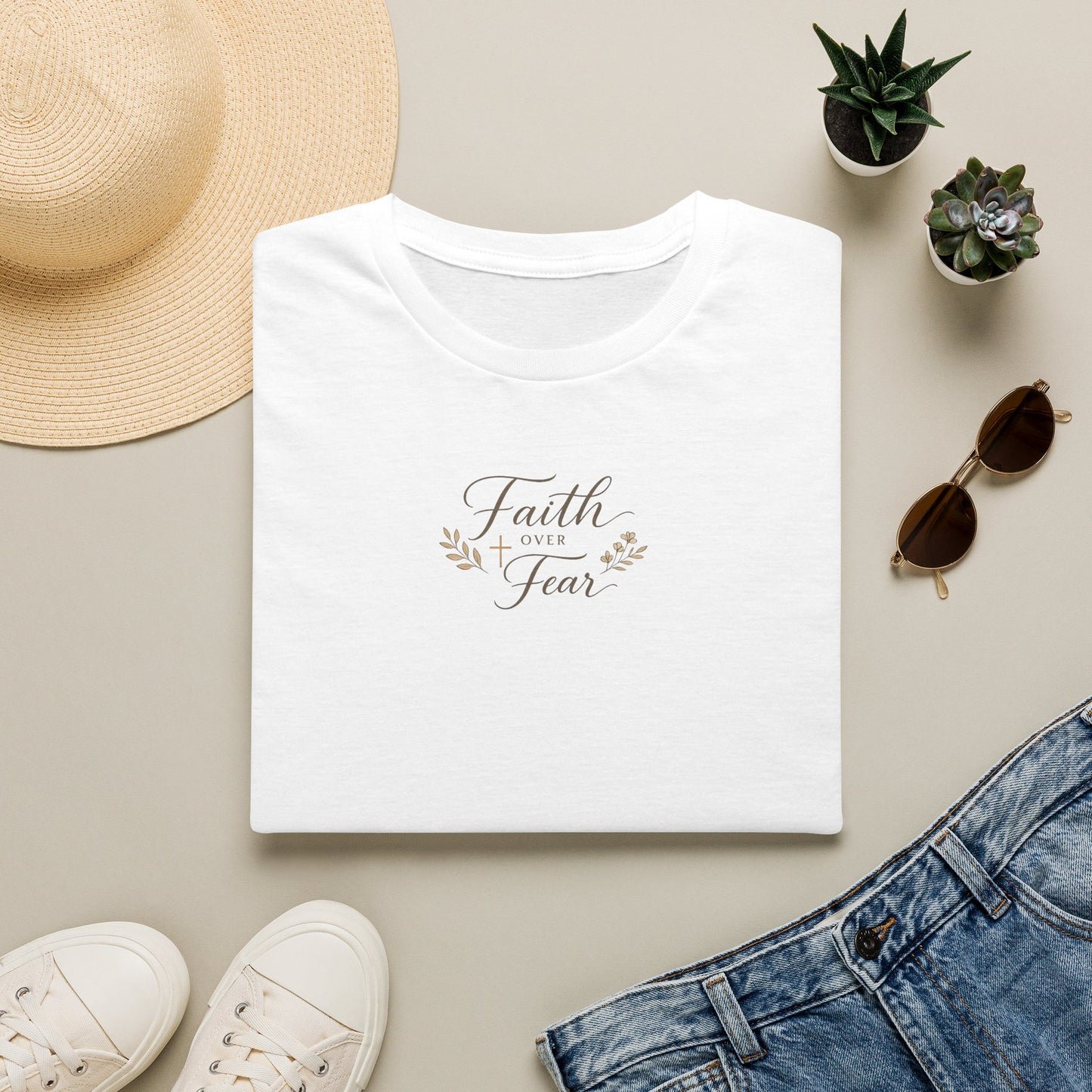 Faith Over Fear Womens Christian T-Shirt  Elegant Minimal Faith Tee  Botanical Cross Inspirational Shirt
