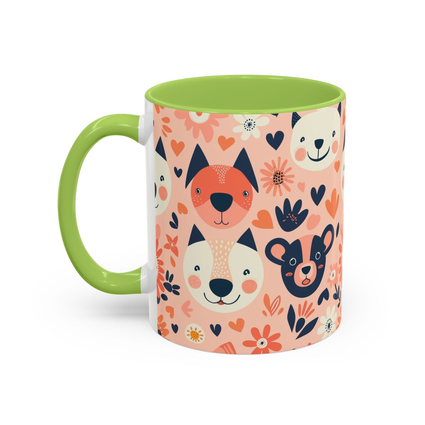 Whimsical Woodland Animals Mug, Cute Fox & Bear Coffee Cup, Peach and Navy Forest Friends Gift