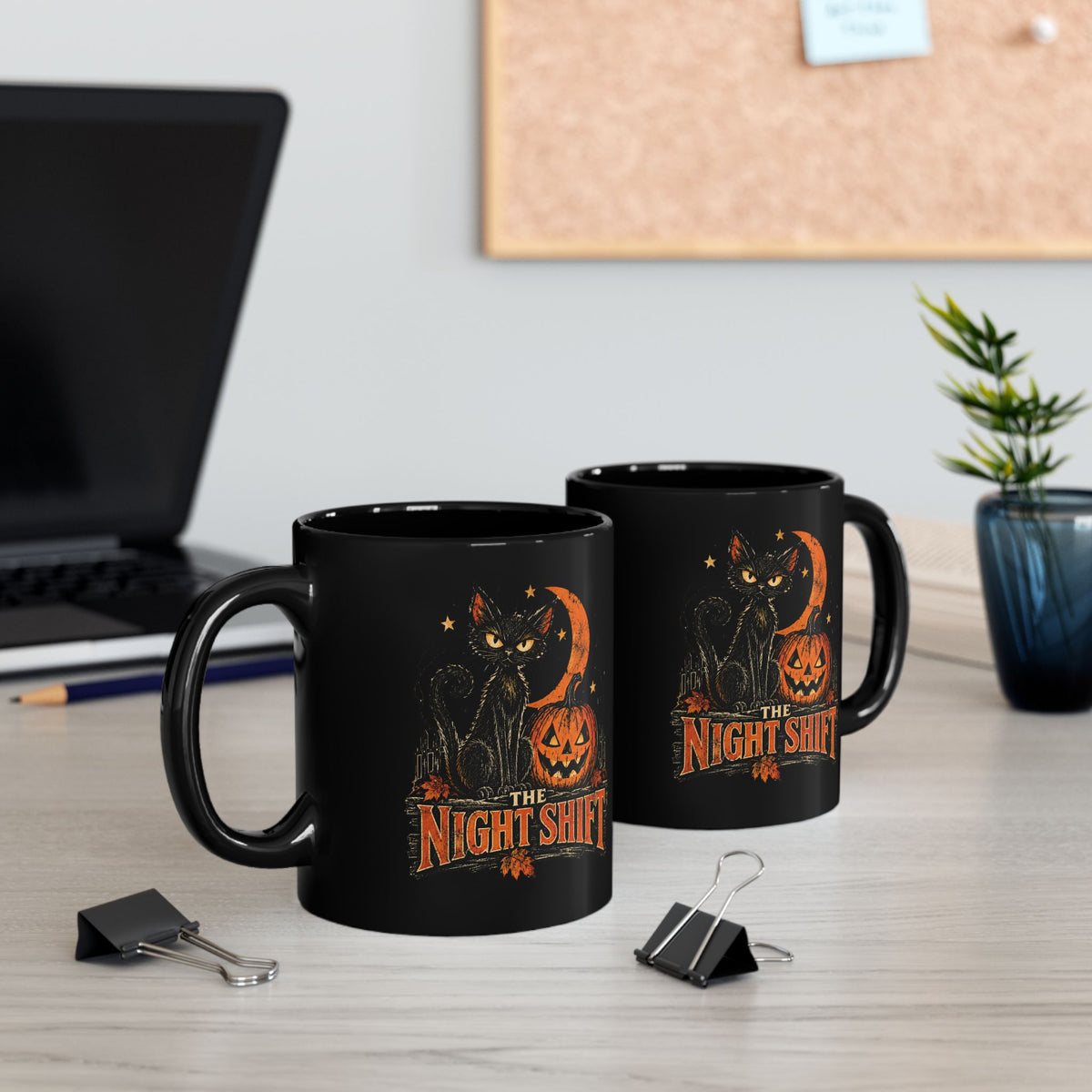 Night Shift black cat pumpkin mug | Halloween coffee mug