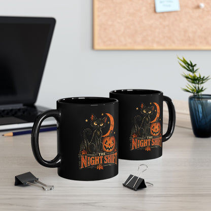 Night Shift black cat pumpkin mug | Halloween coffee mug