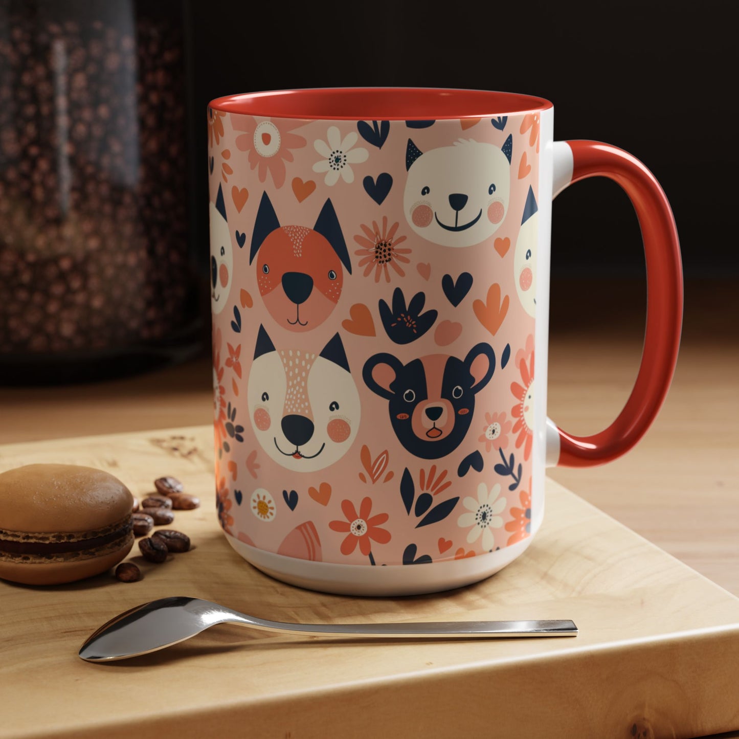 Whimsical Woodland Animals Mug, Cute Fox & Bear Coffee Cup, Peach and Navy Forest Friends Gift