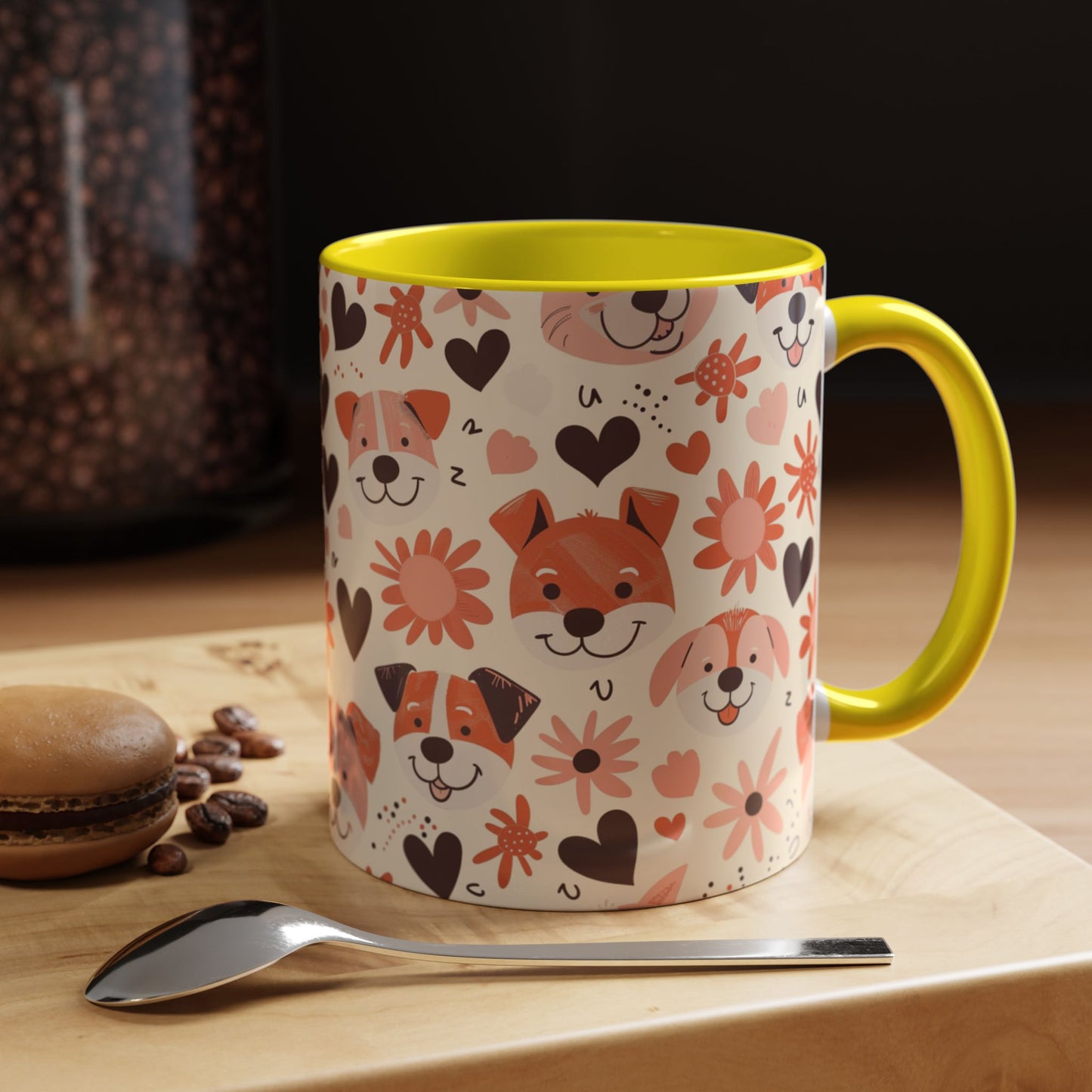 Sweet Puppy Mug, Peach and Cream Dog Lover Coffee Cup, Cute Floral Animal PatternDog Mom Gift