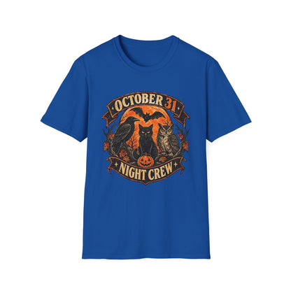 October 31 Night Crew Shirt, Vintage Halloween Graphic Tee, Black Cat Raven Owl Bat Shirt, Spooky Fall T-Shirt, Halloween Night Crew