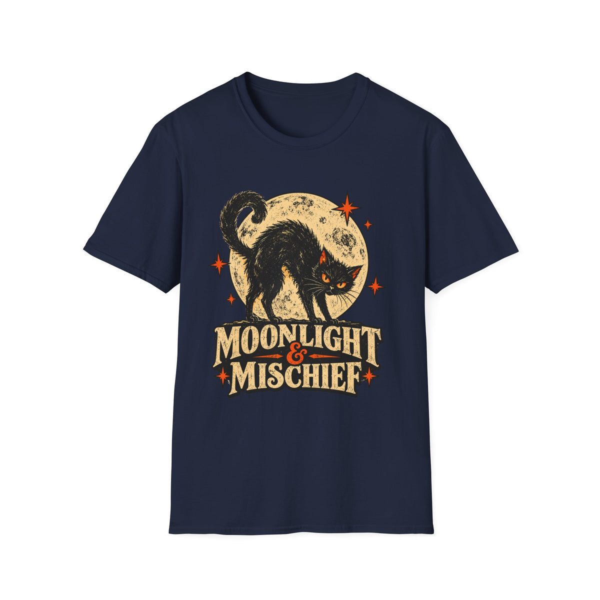 Moonlight & Mischief Black Cat Halloween Shirt, Vintage Halloween Cat Tee, Retro Spooky Moon T-Shirt, Gothic Cat Lover Gift