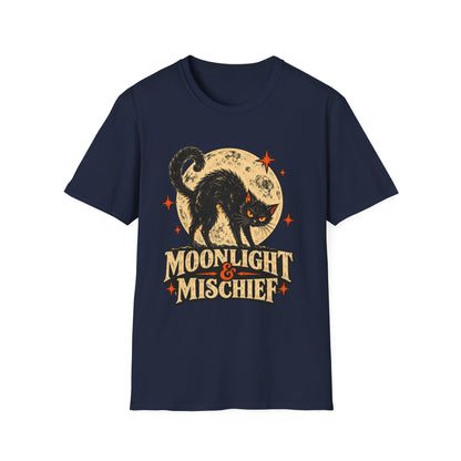 Moonlight & Mischief Black Cat Halloween Shirt, Vintage Halloween Cat Tee, Retro Spooky Moon T-Shirt, Gothic Cat Lover Gift