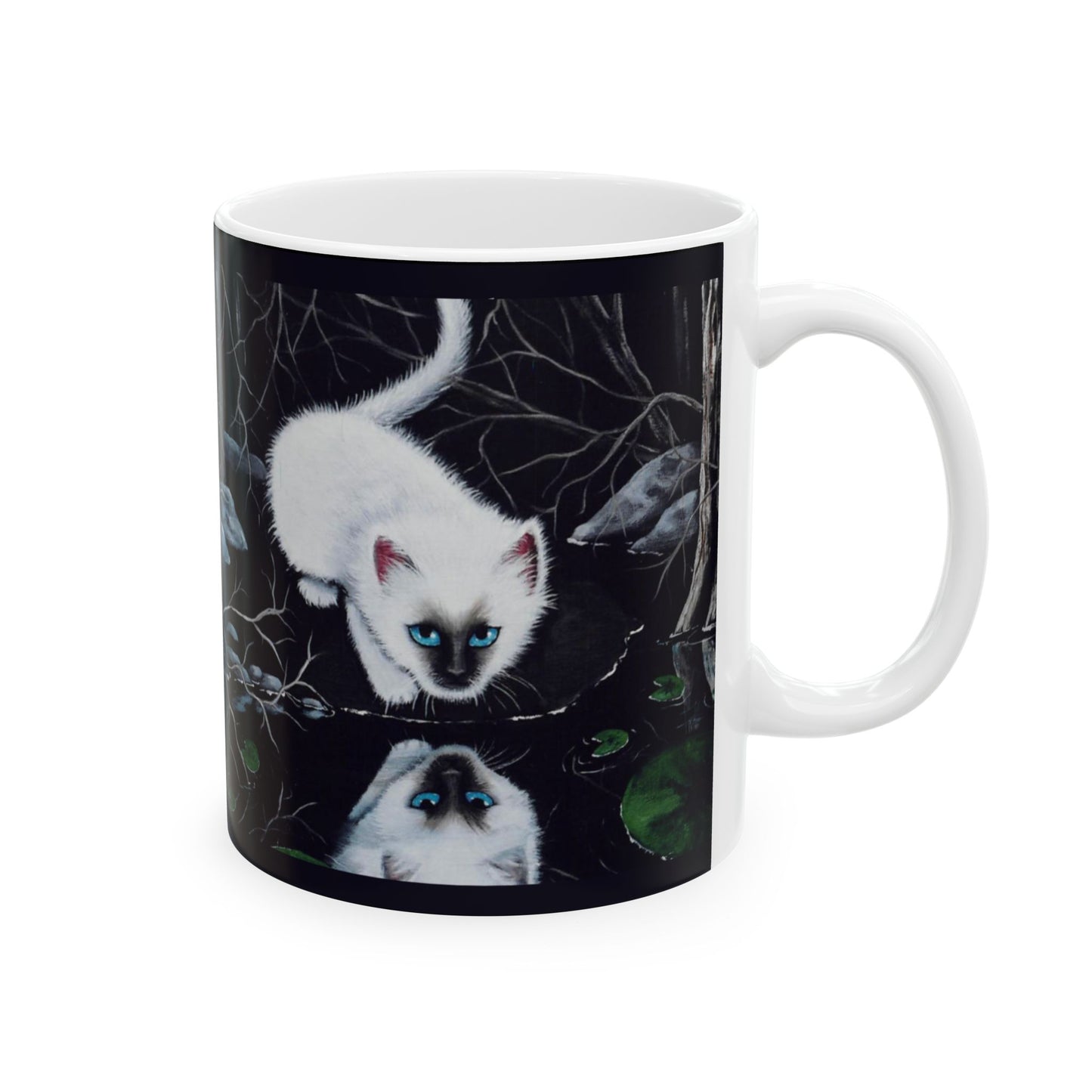 White Siamese Kitten Reflection Mug - Art Print Coffee Cup, Fantasy Cat Artwork, Cute Blue-Eyed Kitten Ceramic Mug, Artist Painted Design
