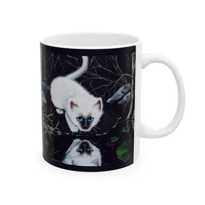 White Siamese Kitten Reflection Mug - Art Print Coffee Cup, Fantasy Cat Artwork, Cute Blue-Eyed Kitten Ceramic Mug, Artist Painted Design