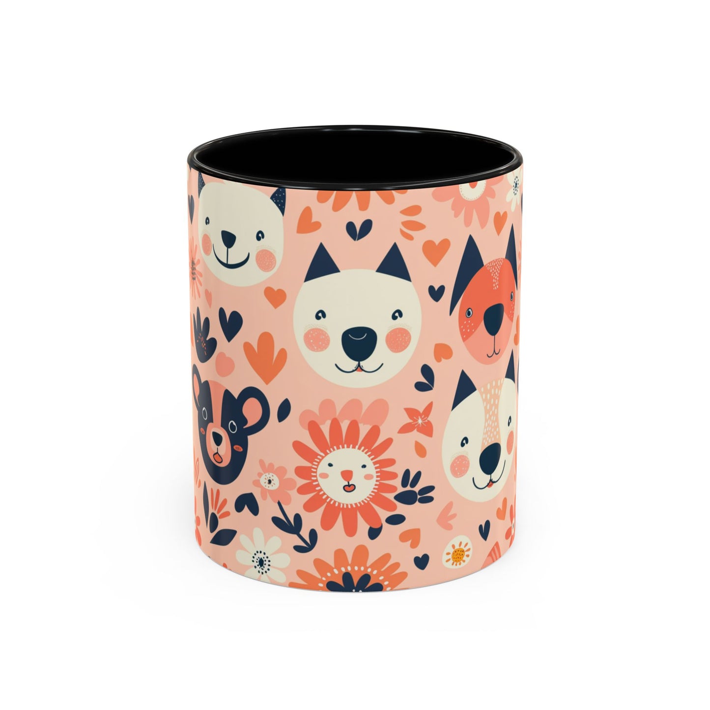 Whimsical Woodland Animals Mug, Cute Fox & Bear Coffee Cup, Peach and Navy Forest Friends Gift
