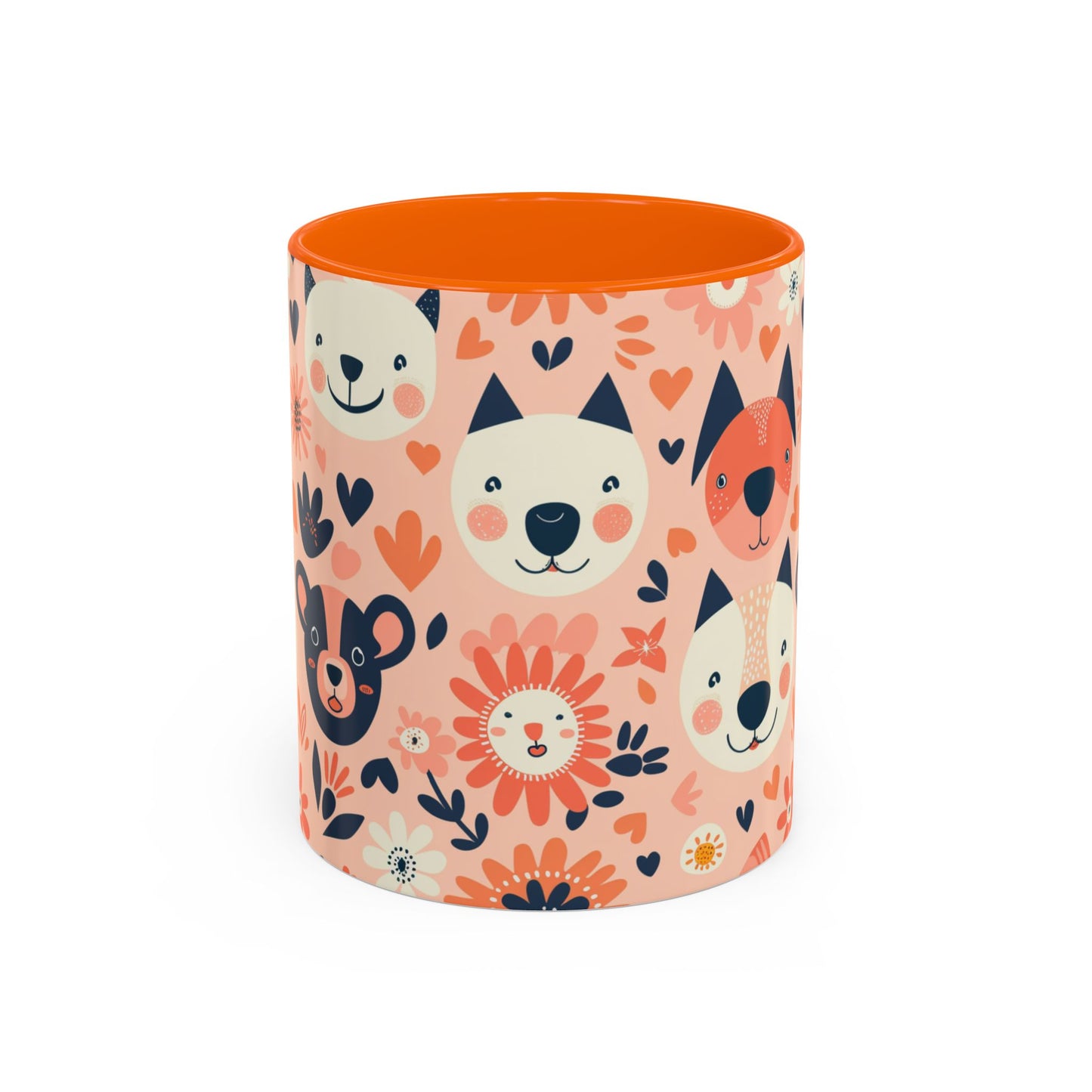 Whimsical Woodland Animals Mug, Cute Fox & Bear Coffee Cup, Peach and Navy Forest Friends Gift