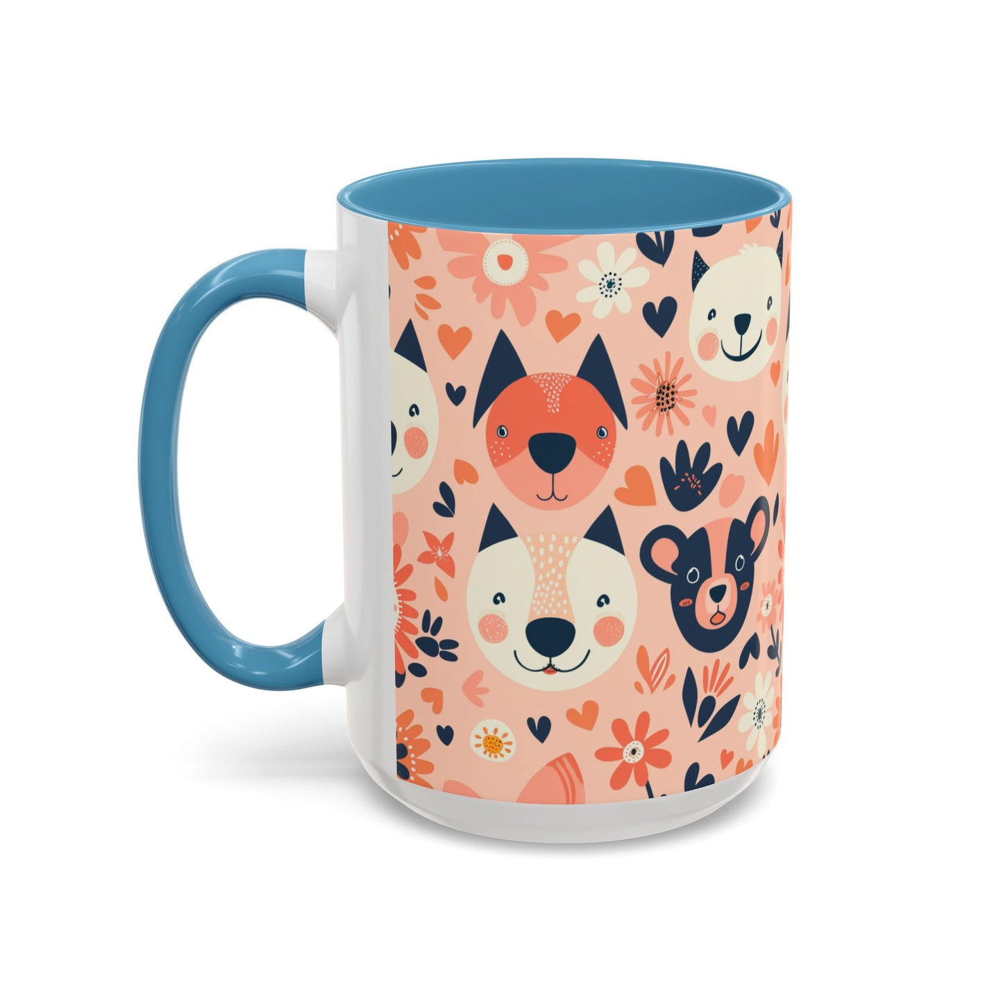 Whimsical Woodland Animals Mug, Cute Fox & Bear Coffee Cup, Peach and Navy Forest Friends Gift