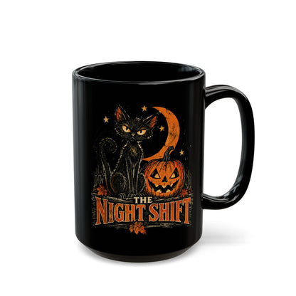 Night Shift black cat pumpkin mug | Halloween coffee mug