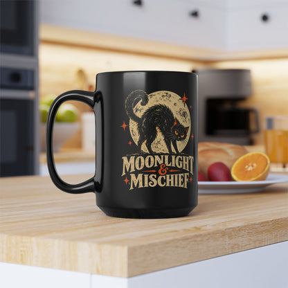 Moonlight & Mischief Black Cat Mug, Vintage Halloween Coffee Mug, Spooky Cat Gift, Retro Halloween Mug