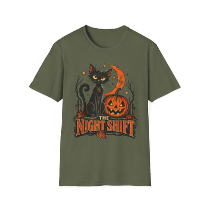 The Night Shift Black Cat Halloween Shirt, Vintage Halloween Cat T-Shirt, Retro Pumpkin Spooky Season Tee