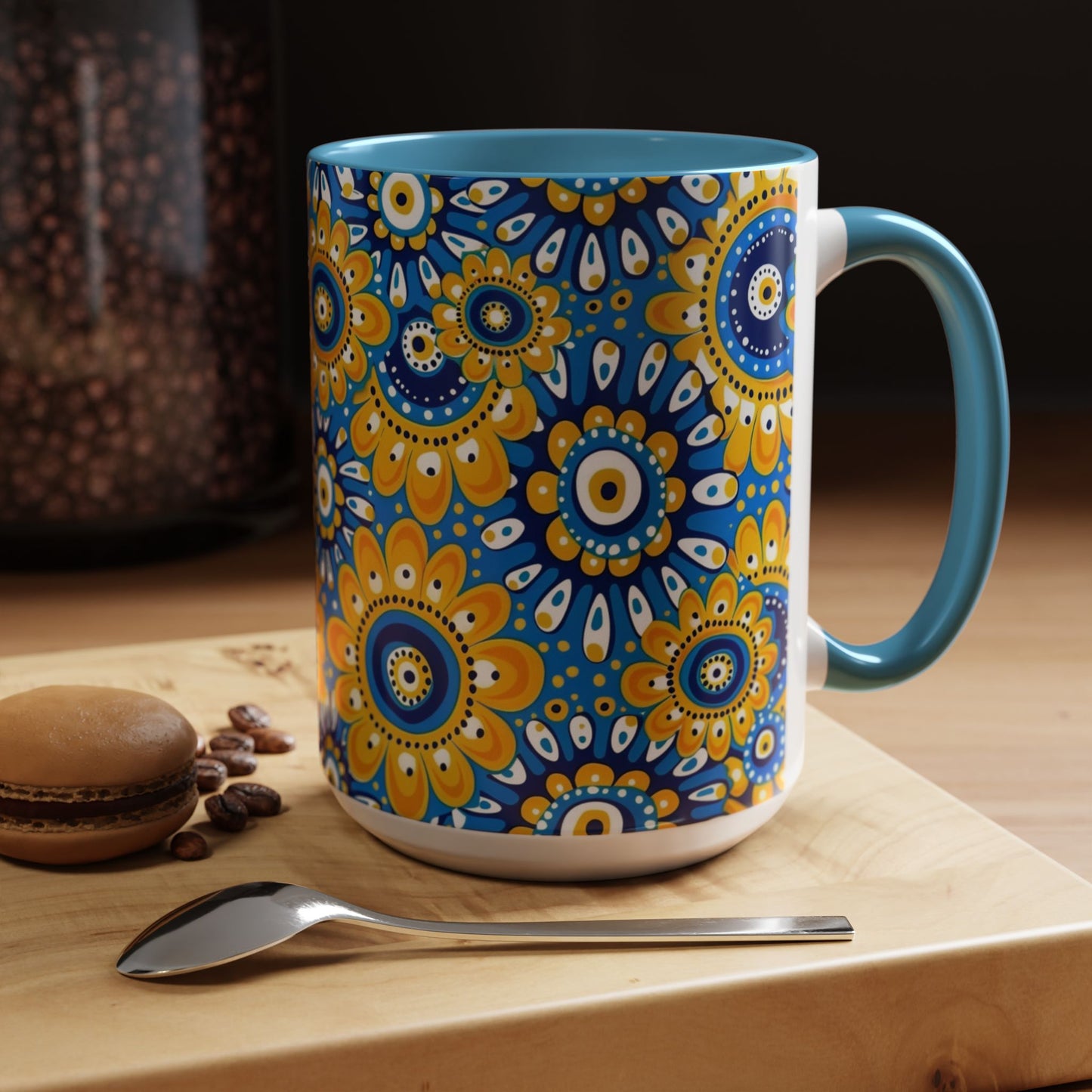 Bold Blue and Gold Flora,l Mug  Retro Boho Flower Coffee Cup, Vibrant Mandala-Inspired Pattern