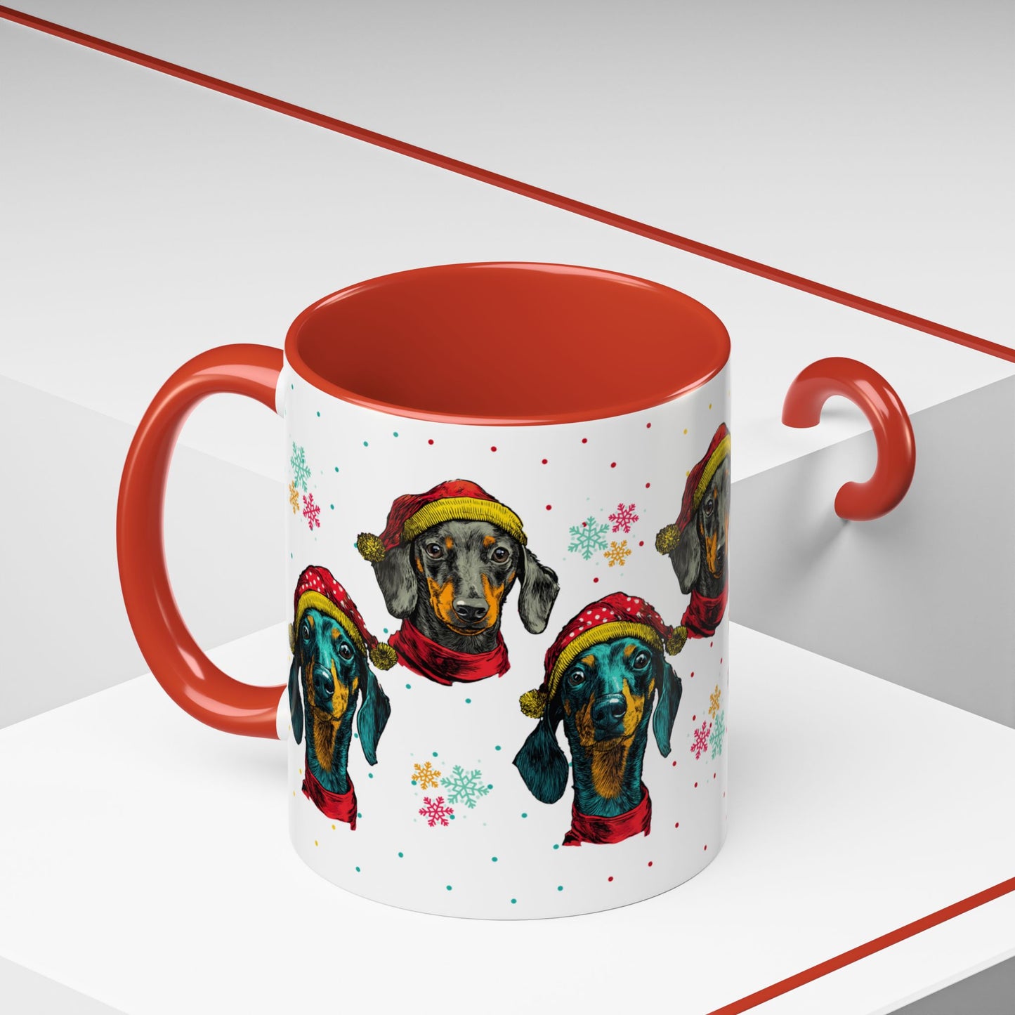 Dachshund Christmas Mug - Holiday Wiener Dog Cup - Cute Doxie Dog Lover Gift - Santa Hat Dachshund Coffee Mug - Colorful Dog Art Mug