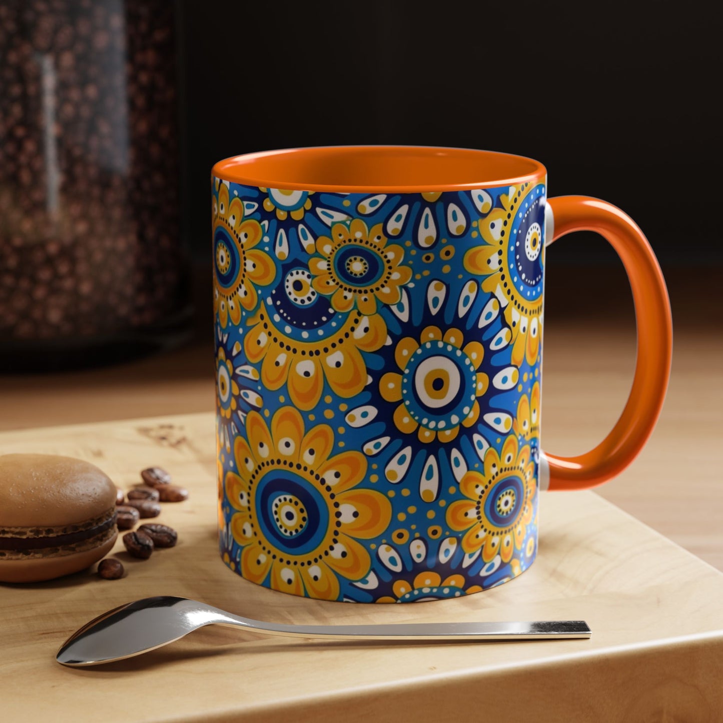 Bold Blue and Gold Flora,l Mug  Retro Boho Flower Coffee Cup, Vibrant Mandala-Inspired Pattern