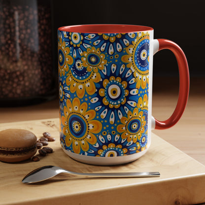 Bold Blue and Gold Flora,l Mug  Retro Boho Flower Coffee Cup, Vibrant Mandala-Inspired Pattern