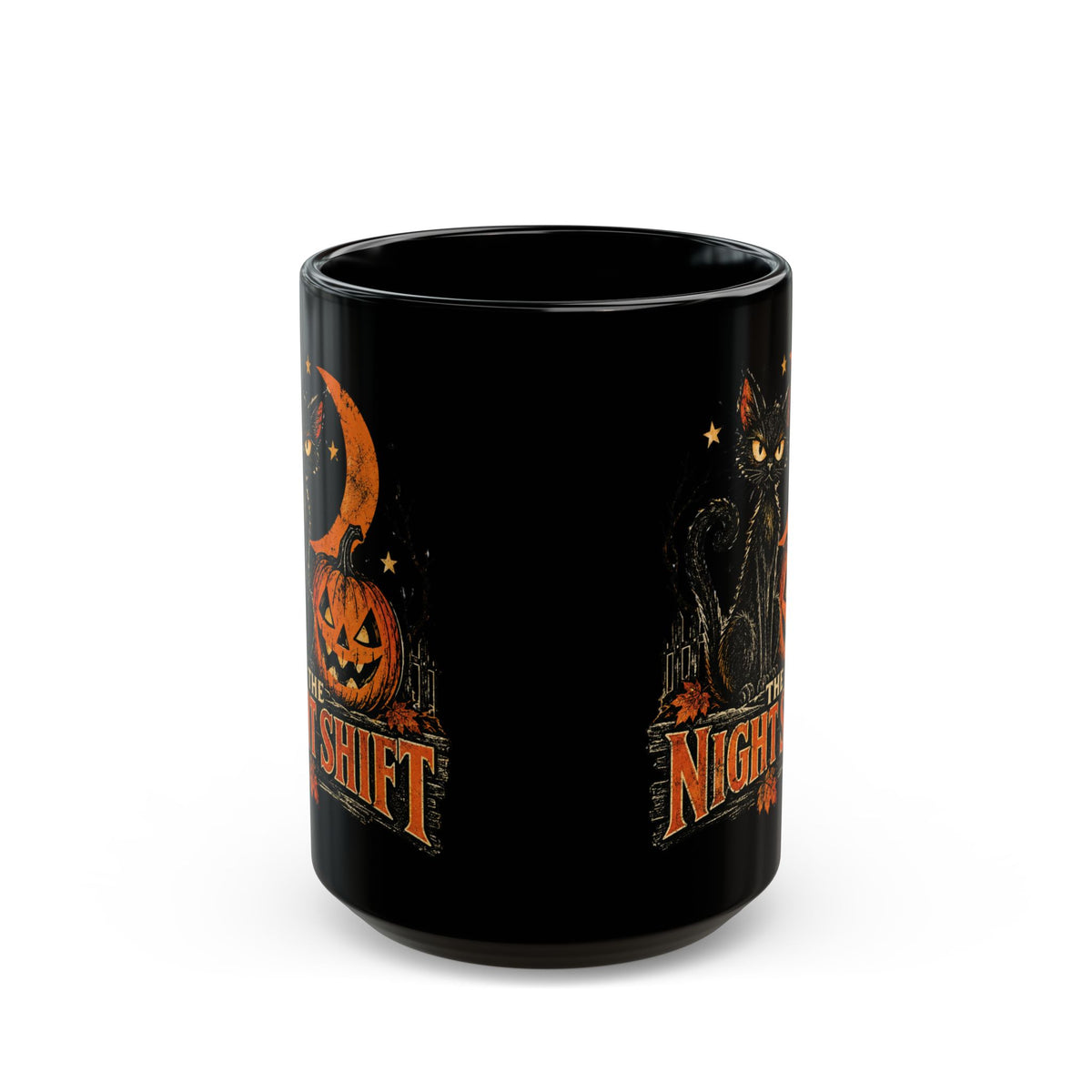 Night Shift black cat pumpkin mug | Halloween coffee mug