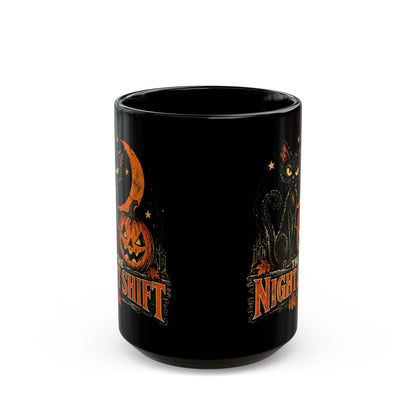 Night Shift black cat pumpkin mug | Halloween coffee mug