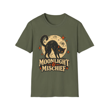 Moonlight & Mischief Black Cat Halloween Shirt, Vintage Halloween Cat Tee, Retro Spooky Moon T-Shirt, Gothic Cat Lover Gift