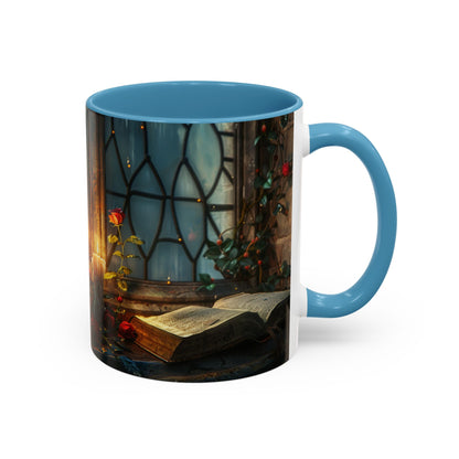 Candlelight Study Mug, Gothic Book and Roses Coffee Cup, Cozy Dark Academia Library Gift, Anniversary, Soft Atmosphere