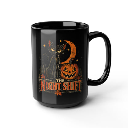 Night Shift black cat pumpkin mug | Halloween coffee mug