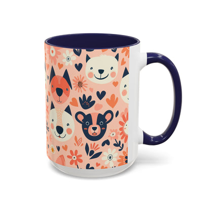 Whimsical Woodland Animals Mug, Cute Fox & Bear Coffee Cup, Peach and Navy Forest Friends Gift