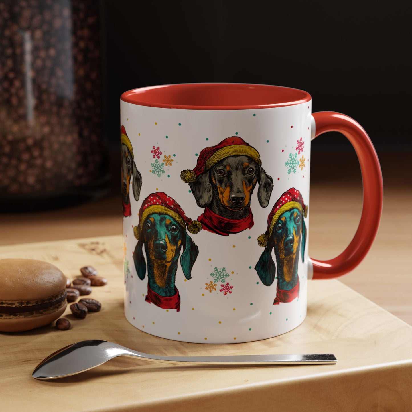 Dachshund Christmas Mug - Holiday Wiener Dog Cup - Cute Doxie Dog Lover Gift - Santa Hat Dachshund Coffee Mug - Colorful Dog Art Mug