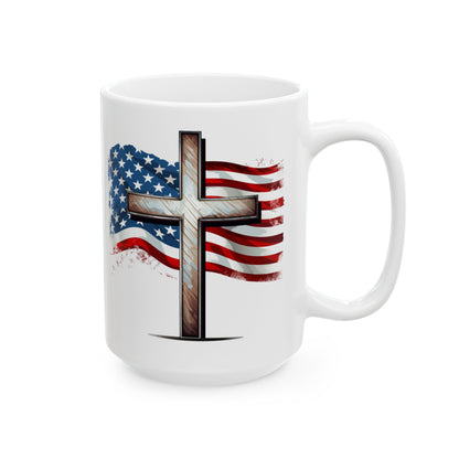 Faith & Freedom Mug, American Flag and Cross, Christian Patriot Coffee Cup, Inspirational USA Gift, God Bless America Mug