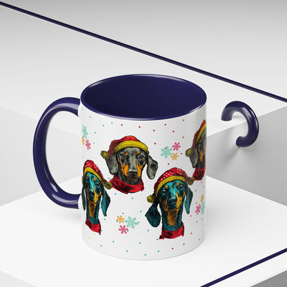 Dachshund Christmas Mug - Holiday Wiener Dog Cup - Cute Doxie Dog Lover Gift - Santa Hat Dachshund Coffee Mug - Colorful Dog Art Mug