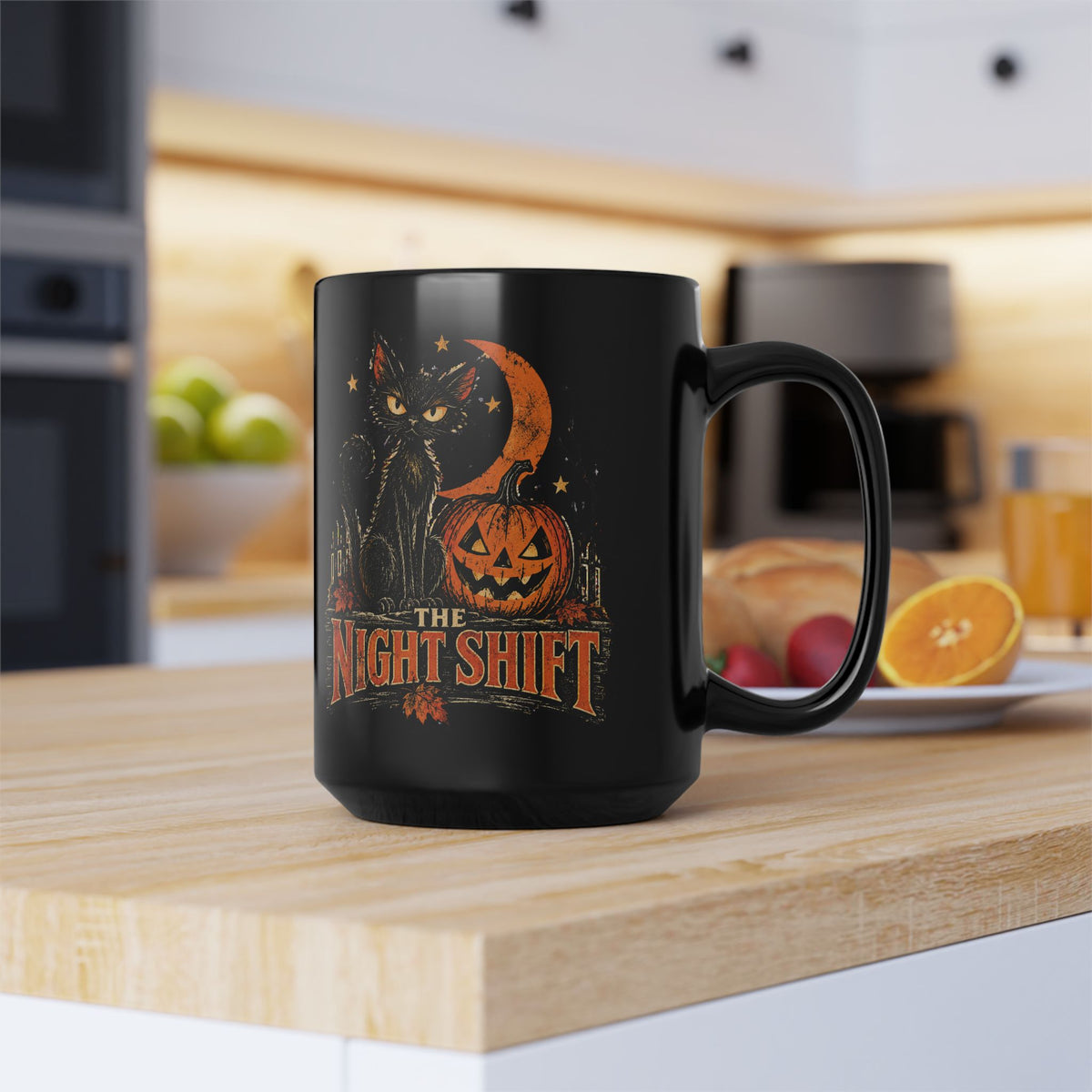 Night Shift black cat pumpkin mug | Halloween coffee mug