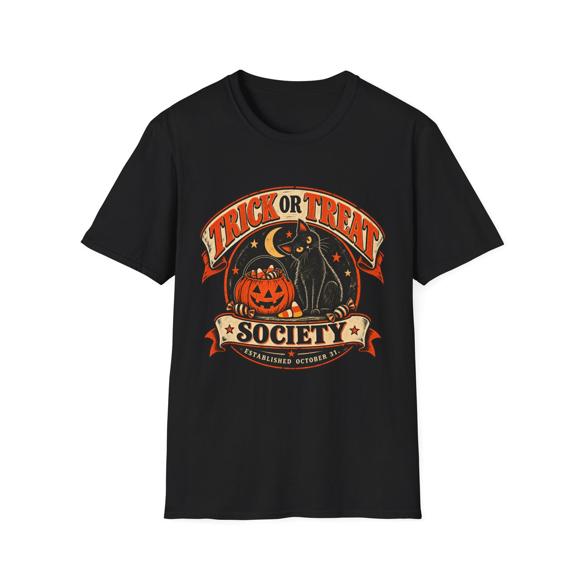 Trick or Treat Society Halloween Shirt, Vintage Black Cat T-Shirt, Retro Pumpkin Halloween Tee, Spooky Season Shirt