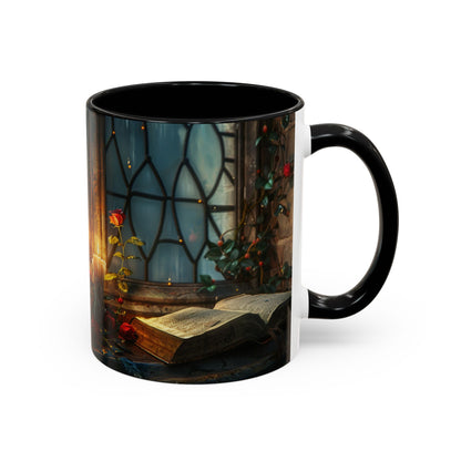 Candlelight Study Mug, Gothic Book and Roses Coffee Cup, Cozy Dark Academia Library Gift, Anniversary, Soft Atmosphere
