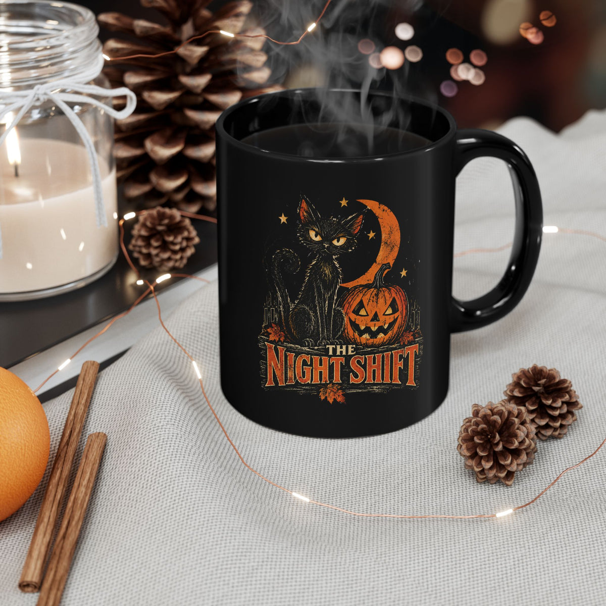 Night Shift black cat pumpkin mug | Halloween coffee mug