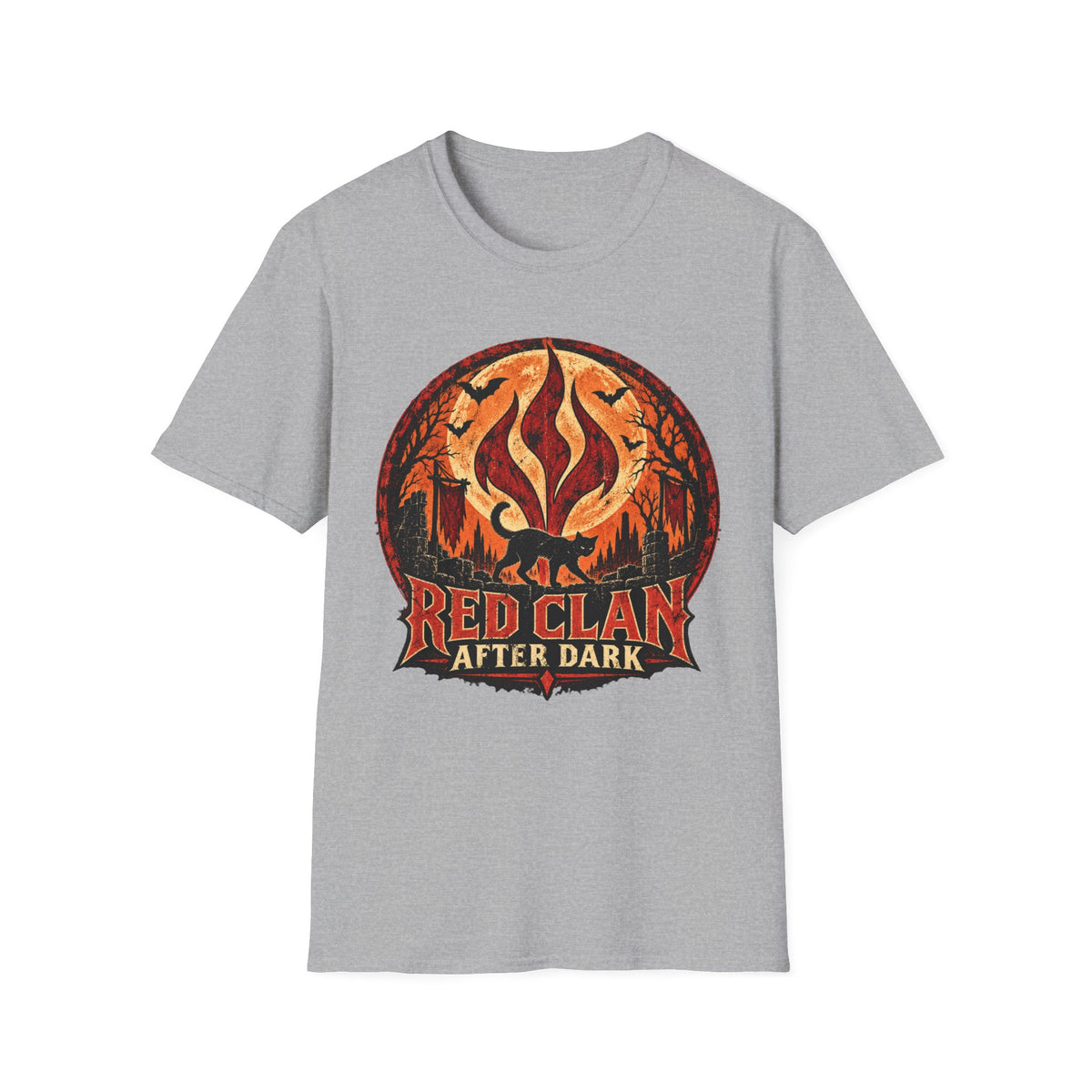 Red Clan After Dark Shirt, Black Cat Halloween Tee, Gothic Fantasy Shirt, Spooky Moon Graphic Tee, Dark Fantasy Halloween T-Shirt