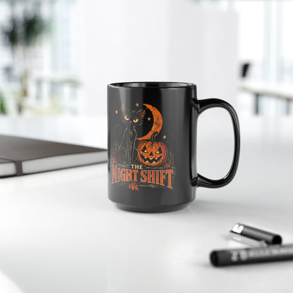 Night Shift black cat pumpkin mug | Halloween coffee mug