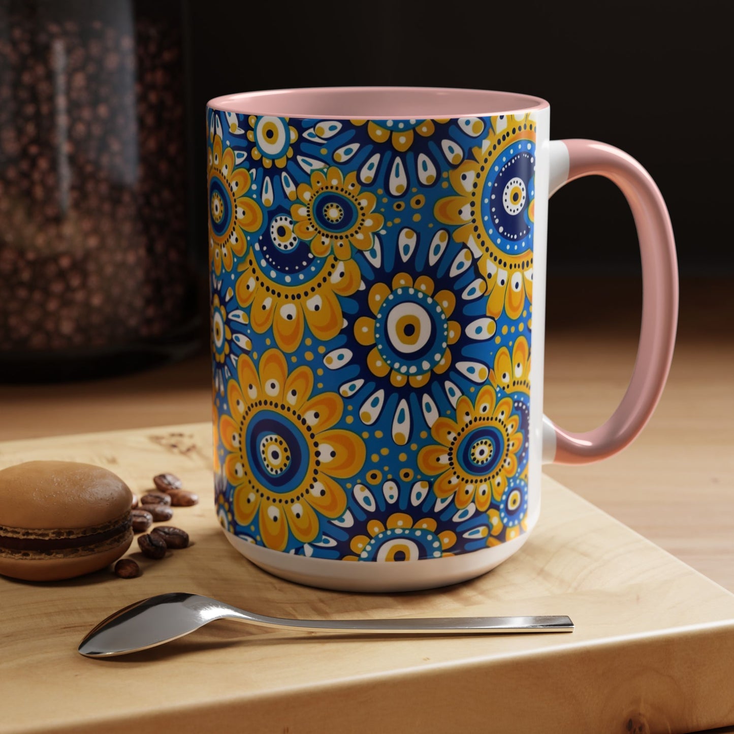 Bold Blue and Gold Flora,l Mug  Retro Boho Flower Coffee Cup, Vibrant Mandala-Inspired Pattern