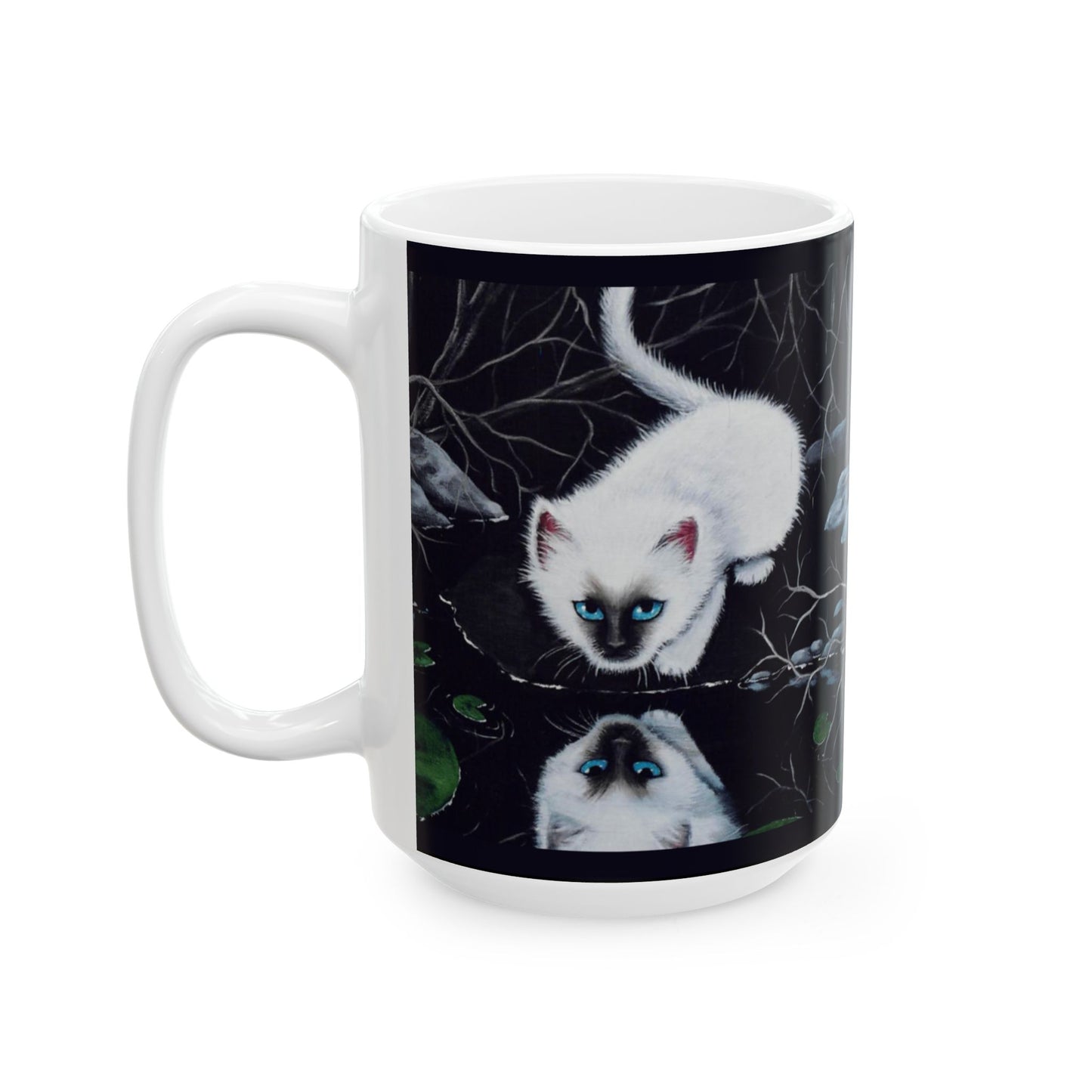 White Siamese Kitten Reflection Mug - Art Print Coffee Cup, Fantasy Cat Artwork, Cute Blue-Eyed Kitten Ceramic Mug, Artist Painted Design